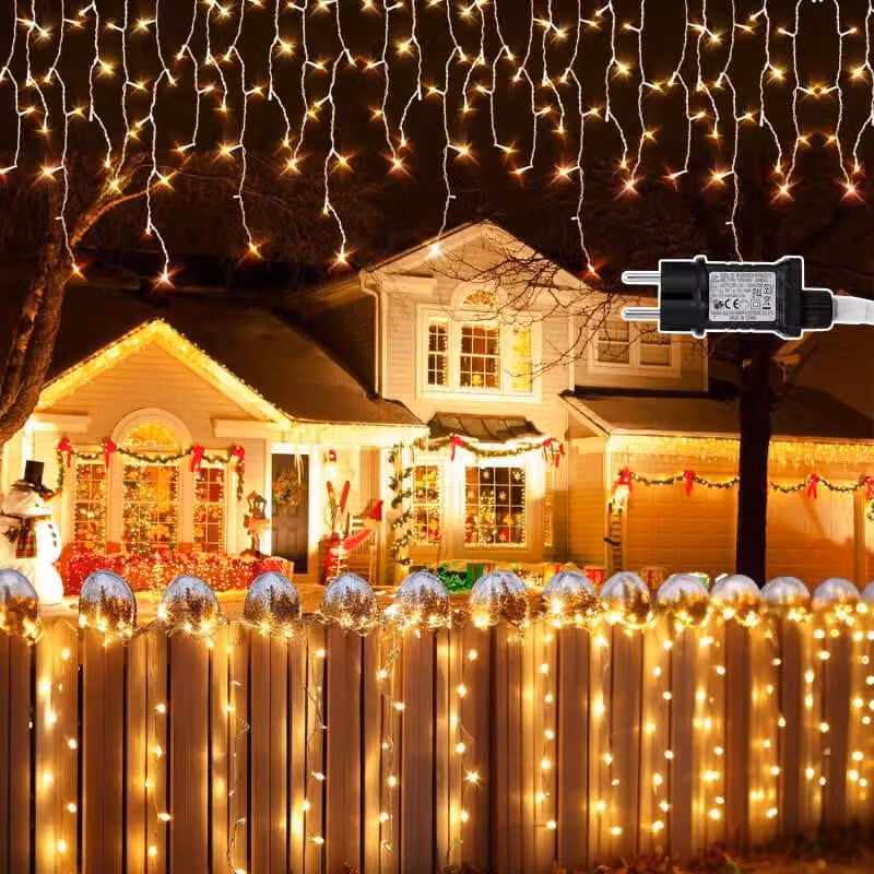 Jayseuw 10M 200LEDs pioggia di ghiaccio fata luci bianco caldo, tenda luce finestra con 8 modalità, illuminazione di Natale festa balcone giardino decorazione