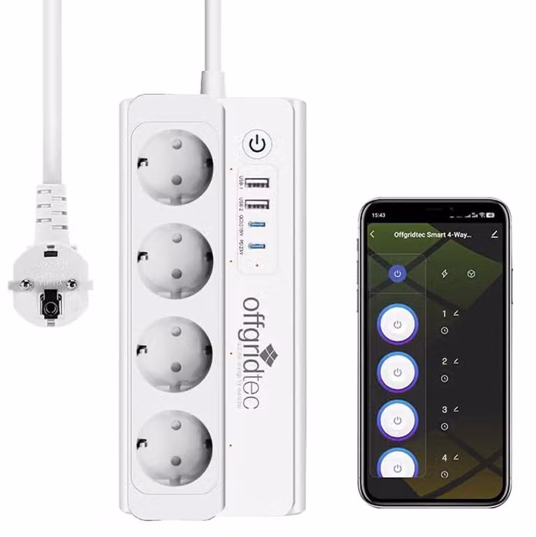 Presa intelligente a 4 vie Offgridtec + connessione 2x USB-A e 2x USB-C con Smart Life o app Tuya - Cavo da 1,5 m