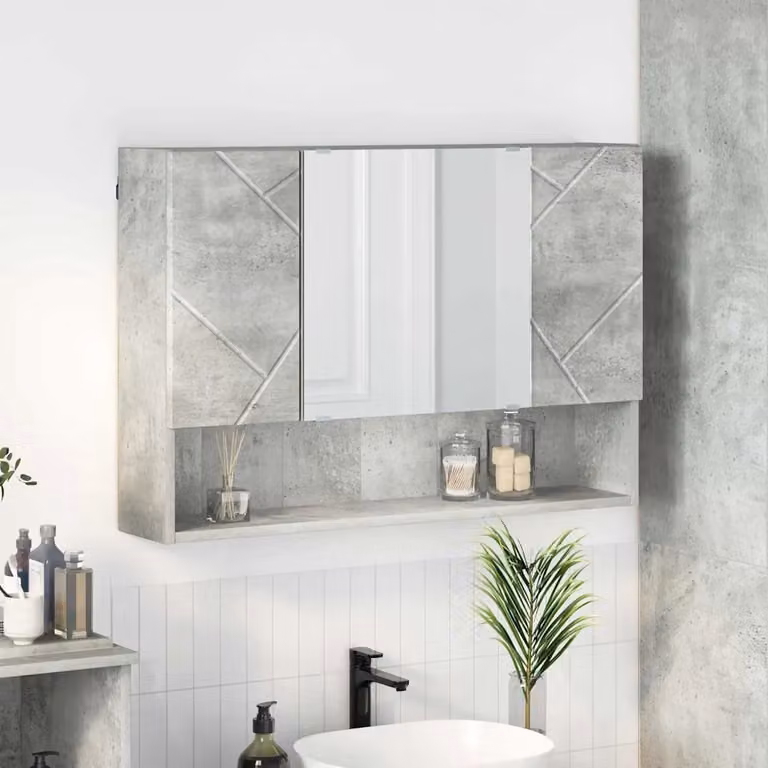 Mobiletto per specchio da bagno vidaXL con ante a battente e specchio, Grigio cemento, L: 80 cm, P: 17 cm, H: 55 cm