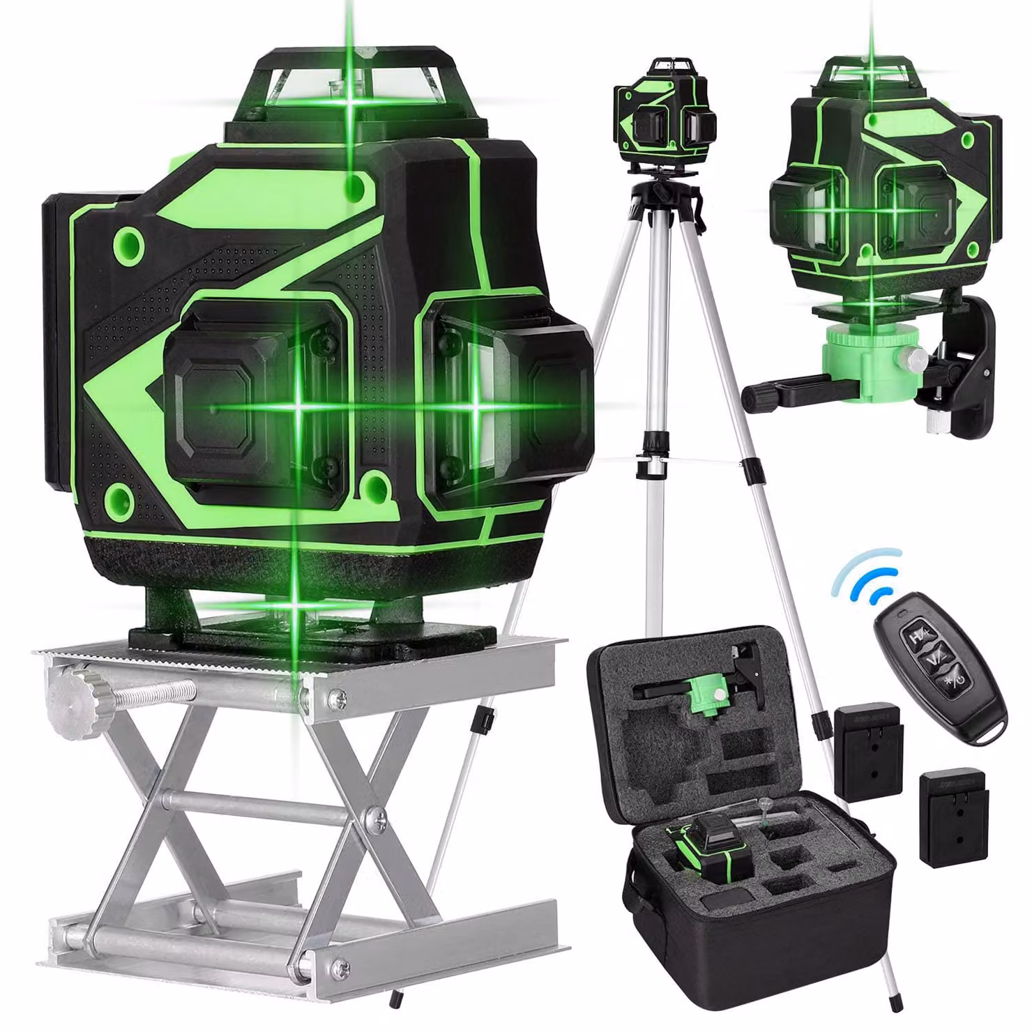 Livella laser a raggio verde rotante 4D - 16 raggi - Autolivellante - Con treppiede e telecomando