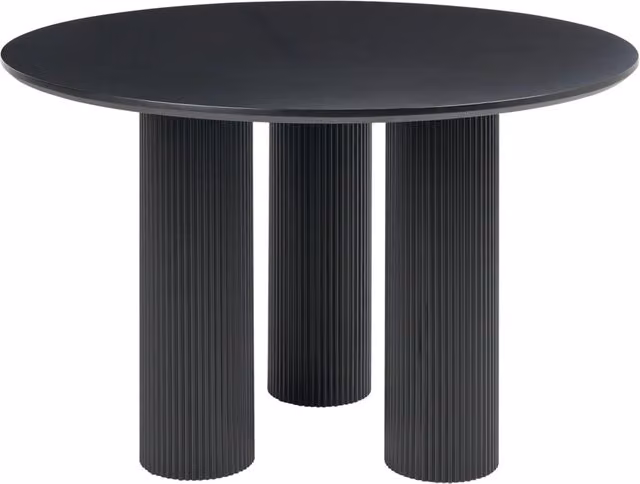 Tavolo da pranzo in MDF nero da 120 cm con gambe a colonna scanalate e nervate, design minimalista