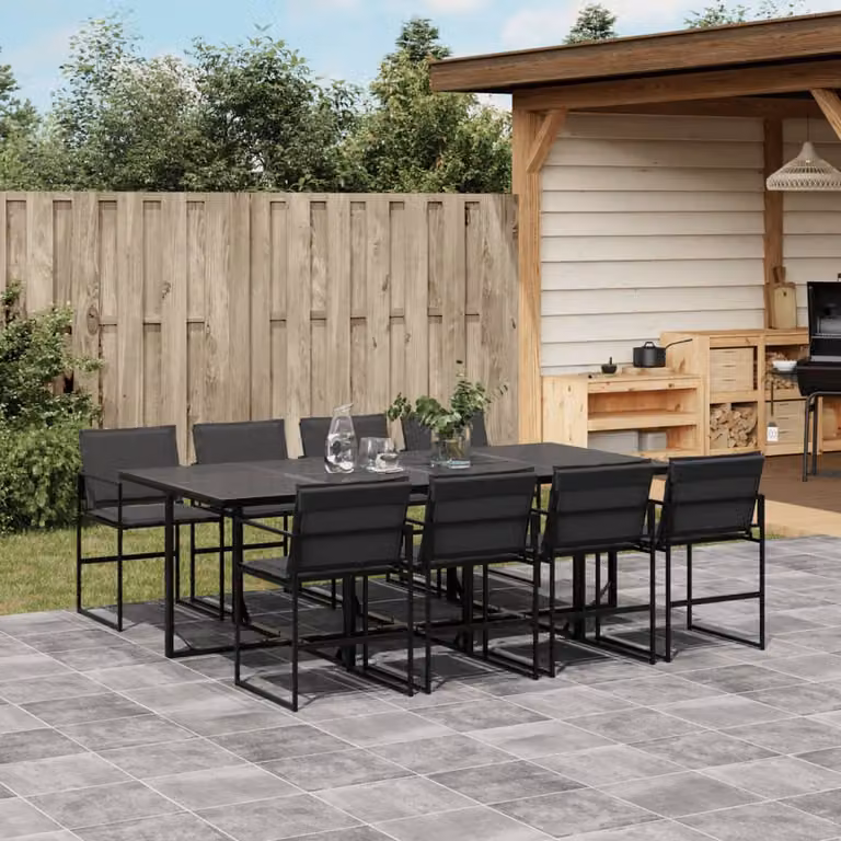 Set da Pranzo da Giardino vidaXL 9 pz Moderno in Acciaio Verniciato e Vetro Nero e Grigio