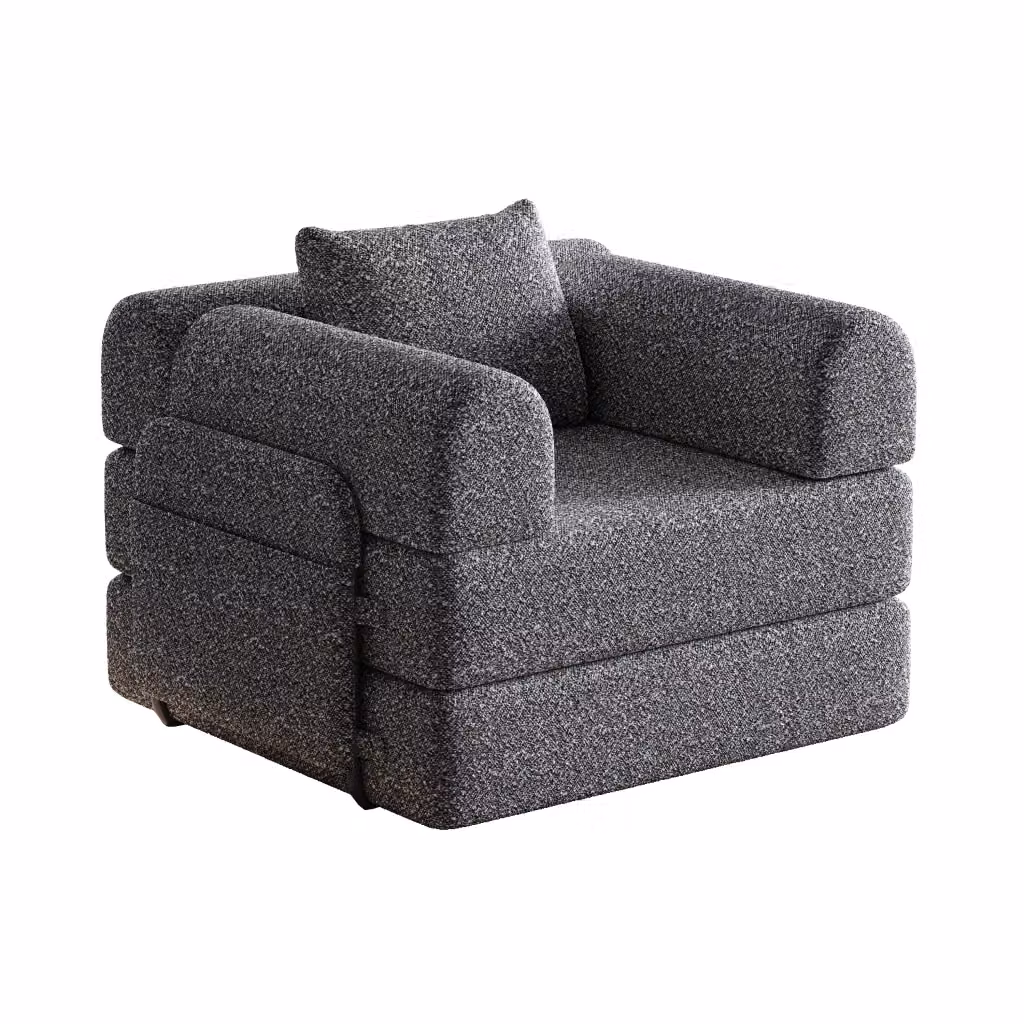 Divano letto monoposto convertibile OKWISH in ciniglia grigio con struttura in metallo e vano contenitore nel bracciolo – 2