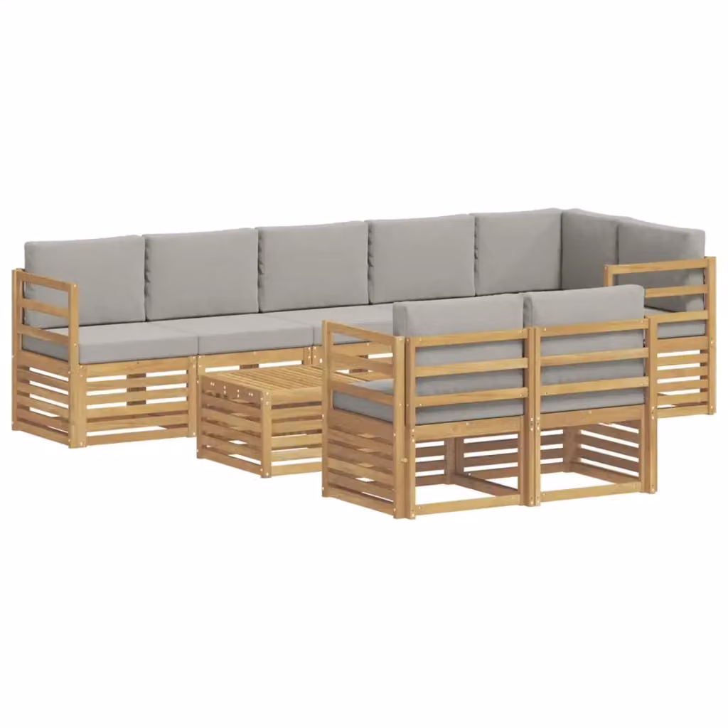 Set di divani da esterno a L vidaXL in legno di acacia con tavolo da caffè, 9 pezzi, Bianco e Grigio – 2