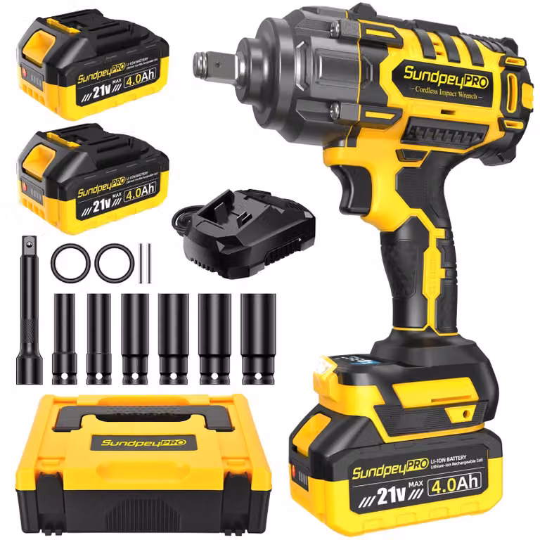 Chiave a percussione a batteria Accu da 21 V, 1300 Nm - 2 batterie da 4,0 Ah - Metallo - Gialla - Adatta per auto e edilizia