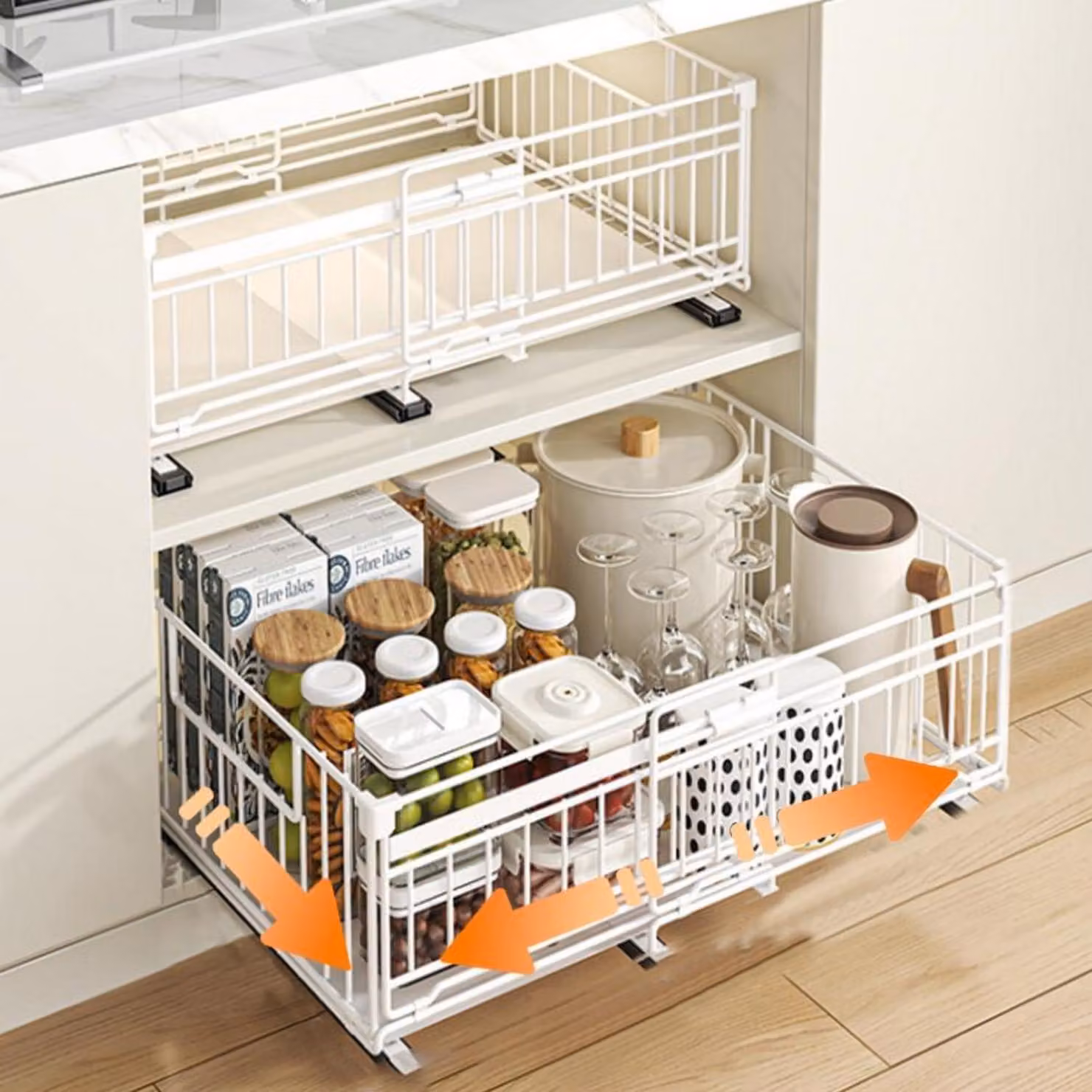 Cassetti telescopici estensibili per l'organizzazione della cucina, da 32,5 a 50 cm, colore bianco, confezione da 2 pezzi