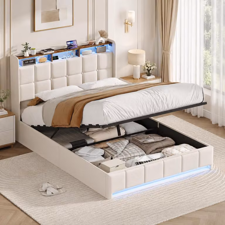 Letto imbottito INONEFT, 140x200 cm, con illuminazione LED e prese USB, letto singolo per ragazzi con spazio contenitivo, testiera imbottita, letto a molle con sistema idraulico, colore beige