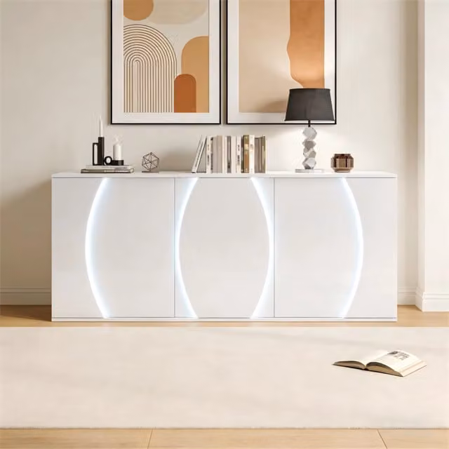Credenza e madia con LED tre ante e ripiani regolabili per soggiorno in pannello truciolare bianco 150 × 40 × 70 cm