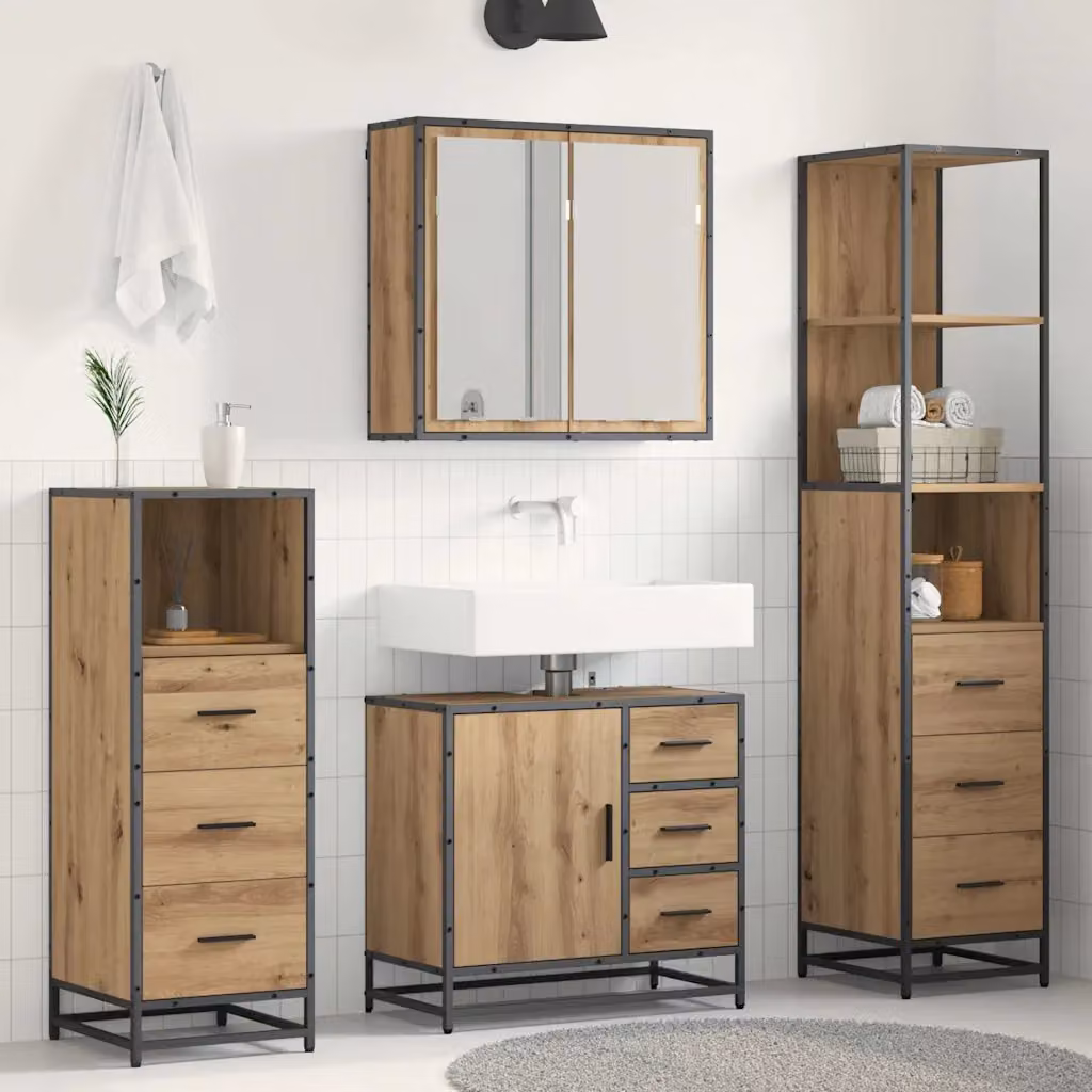 Set di mobili da bagno moderno vidaXL in legno e metallo marrone composto da armadietto con specchio, mobile lavabo, mobile laterale e colonna alta