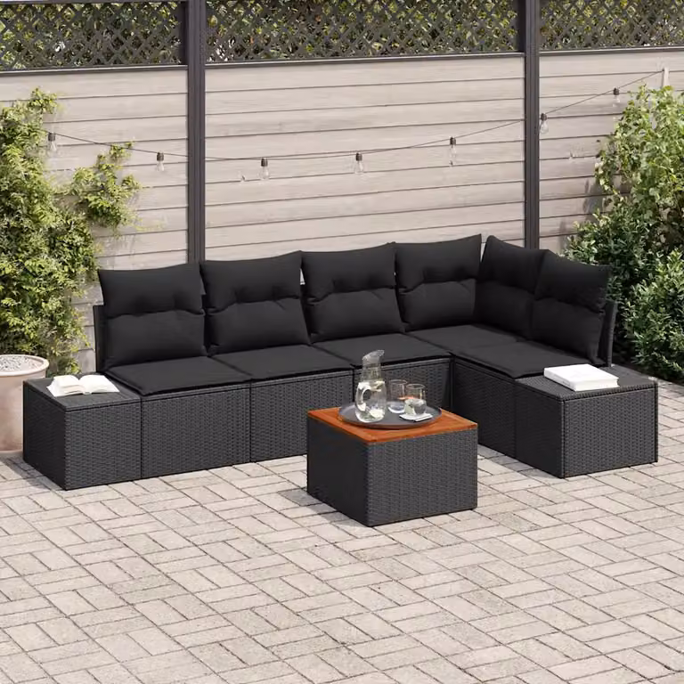 Set da giardino vidaXL a 6 pezzi in polyrattan nero con divano a L, tavolino e cuscini con contenitore per archiviazione