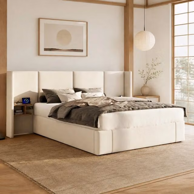 Letto contenitore 160 × 200 cm in velluto beige con rete a doghe comodini prese e porte USB
