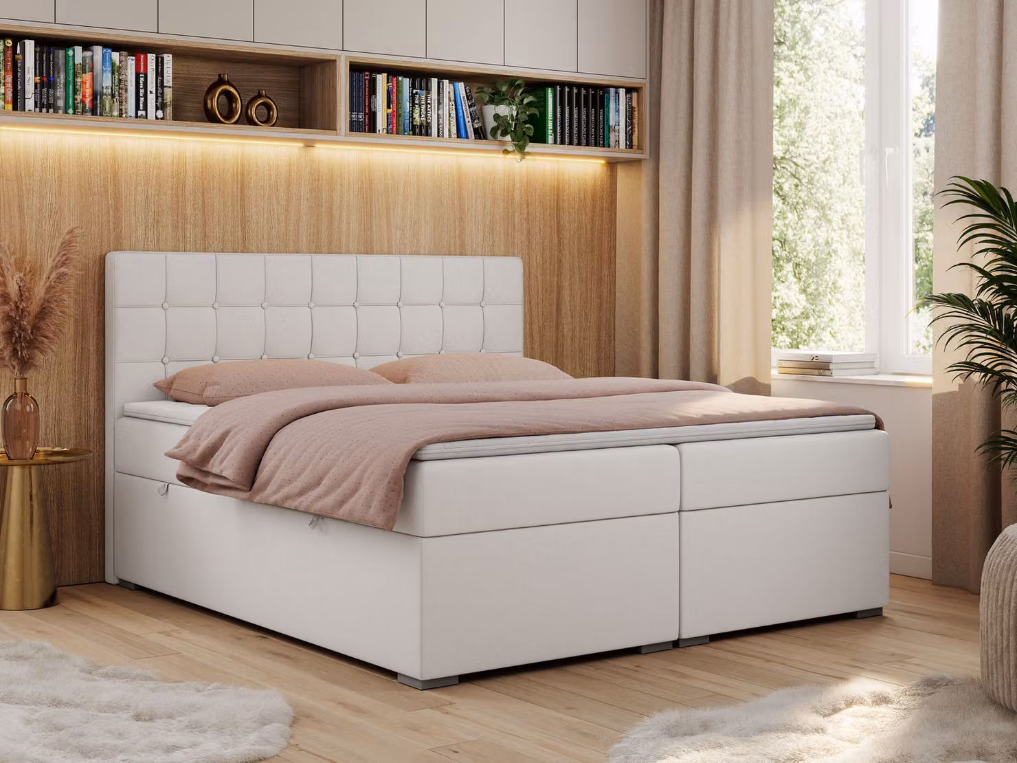 Letto boxspring, letto matrimoniale, letto imbottito con testiera, contenitore - CARMEN - 200x200 - Bianco - Pelle finta - H3