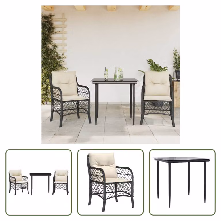 The Living Store Set bistrot 3 pezzi con cuscini in poly rattan nero