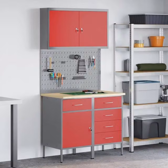 Set di mobili da lavoro vidaXL in acciaio e legno ingegnerizzato, 5 pezzi, Rosso