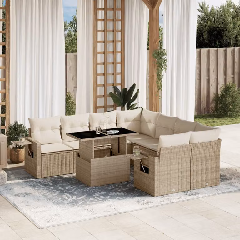 vidaXL Set Divano da Giardino a L 9 pz con Cuscini Beige e Tavolino in Vetro
