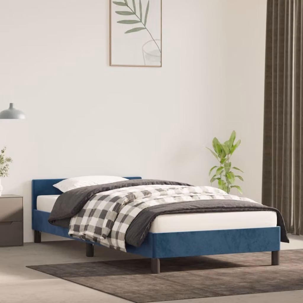 The Living Store Struttura letto con testiera in velluto blu scuro 90x190 cm