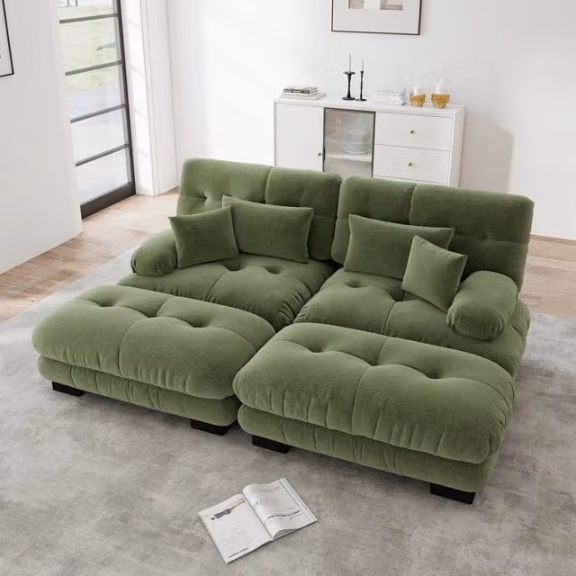 Divano angolare modulare in ciniglia con cuscini lombari e pouf per soggiorno verde 220 × 145 × 81 cm