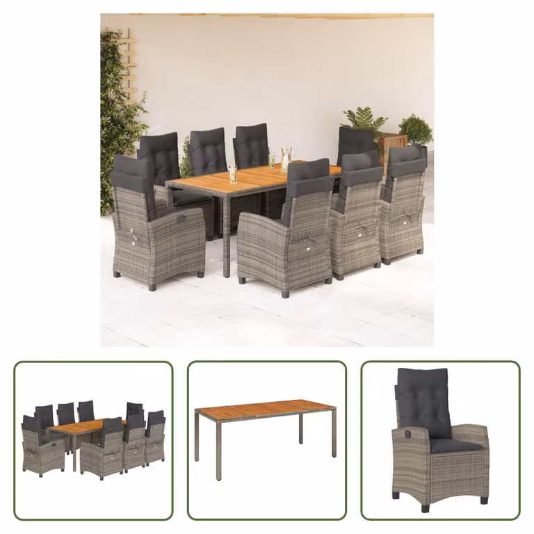 The Living Store Set da pranzo da giardino 9 pezzi con cuscini in poly rattan grigio
