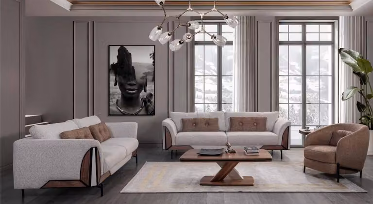 Braun-Weiß Sofagarnitur 3+3+1 Couchtisch Komplettes Wohnzimmer Set