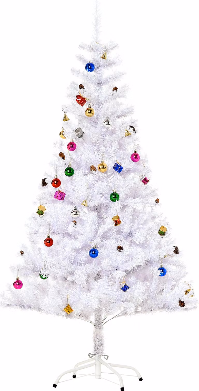 Albero di Natale artificiale, altezza 150 cm, abete artificiale decorato con palline, campanelle, tamburi, scatole regalo. L'albero è dotato di 680 decorazioni