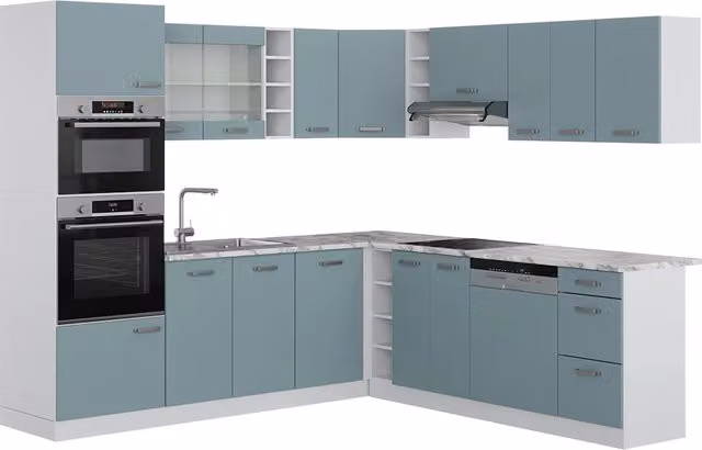 Cucina angolare moderna Vicco in legno e metallo, Grigio-blu/Bianco, L: 247 cm, L: 237 cm