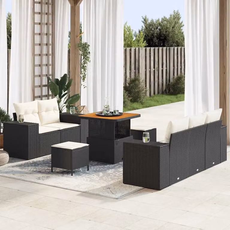 Set Divano da Giardino vidaXL 8 Posti con Cuscini Nero e Beige in Acciaio e Tessuto Resistente ai Raggi UV