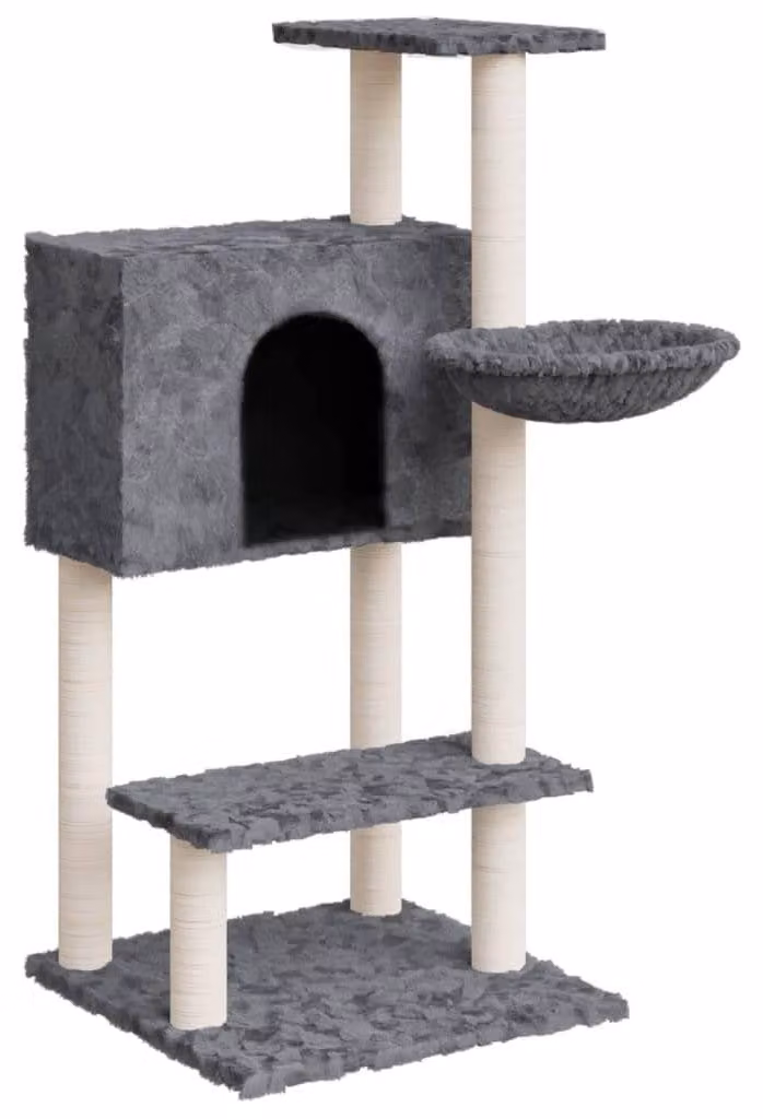 Albero per gatti con pali in sisal e cesto, color grigio scuro