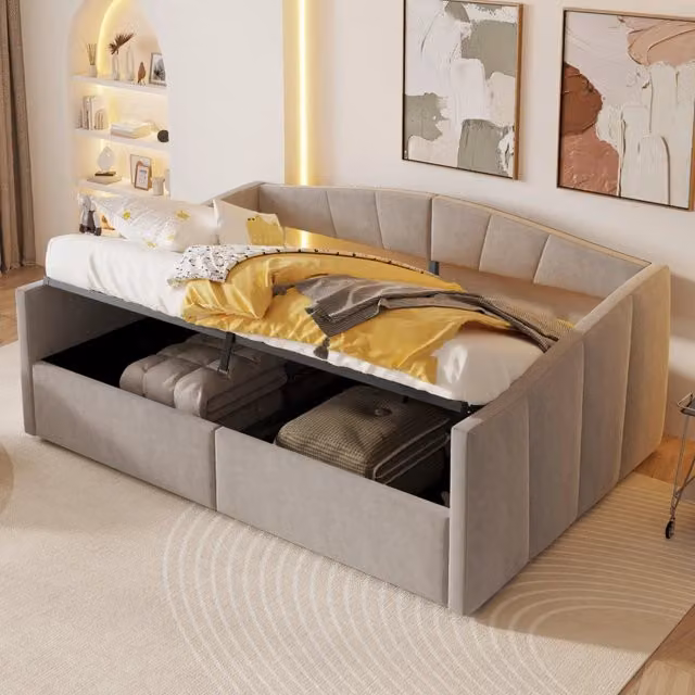 Letto divano matrimoniale OKWISH in velluto grigio con contenitore idraulico e braccioli, L/P/H: 140 x 200 cm