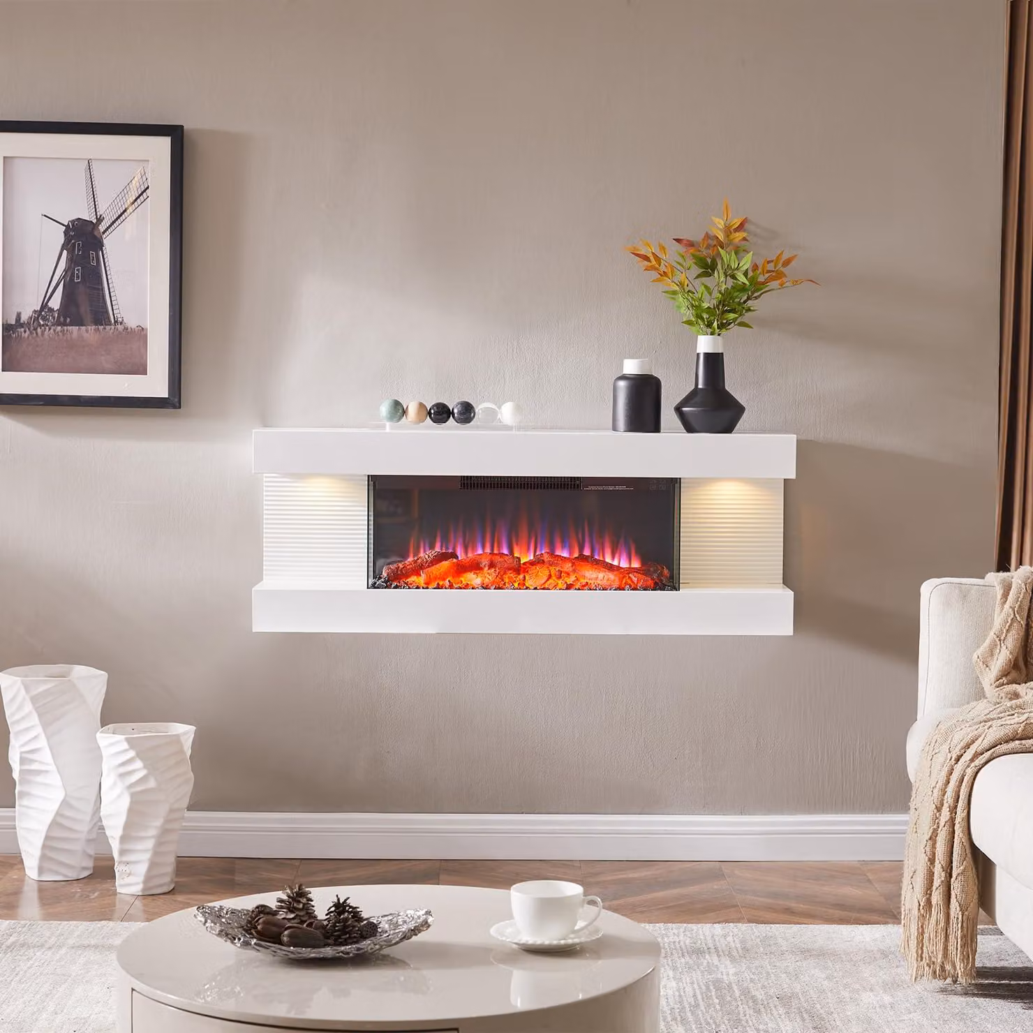 Stufa elettrica da parete, 1800 W, bianca, design moderno, effetto fiamma LED