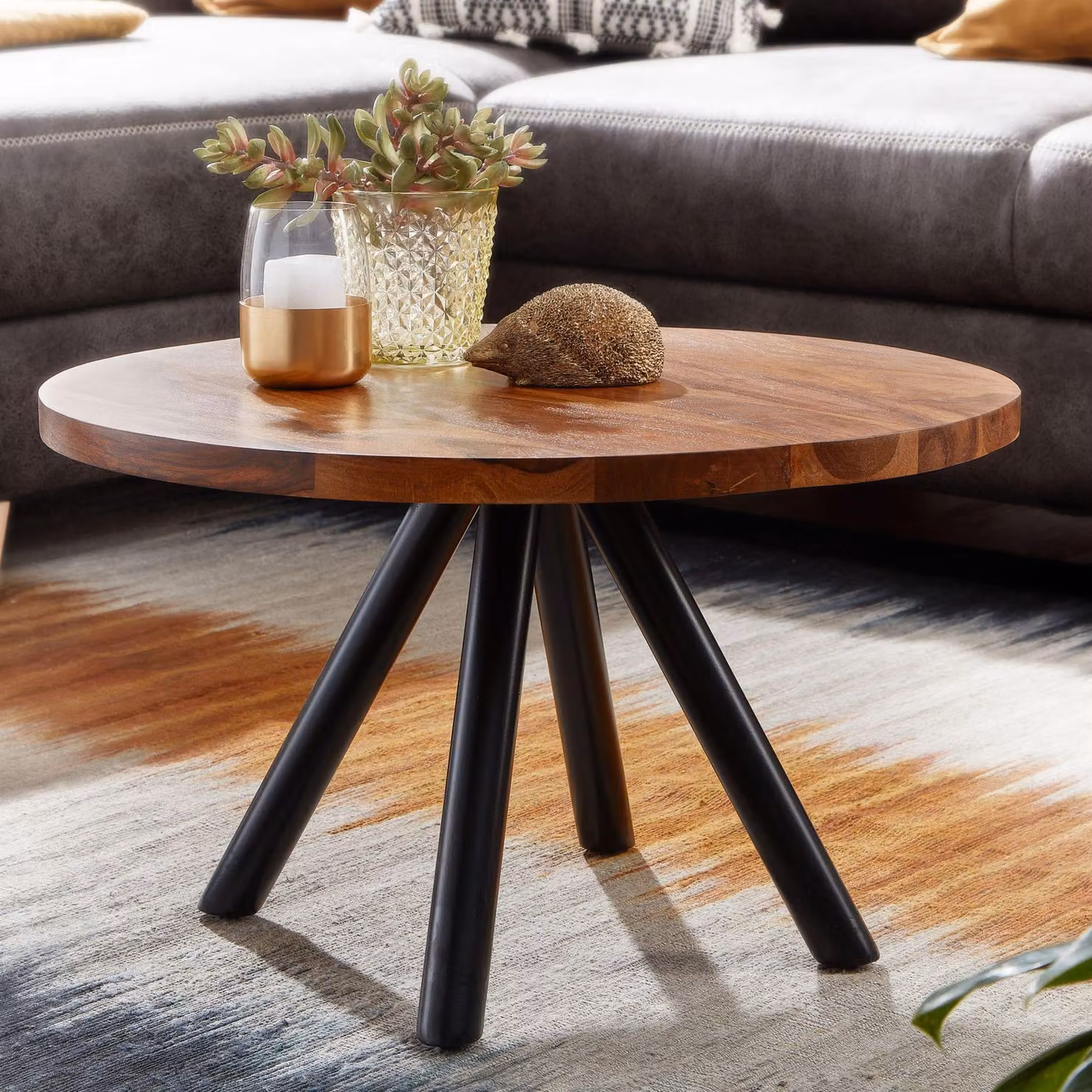 FineBuy Tavolino in legno massiccio Sheesham rotondo Ø60 cm - Tavolo da soggiorno con robuste gambe in metallo - Tavolo in legno massiccio dal design industriale moderno