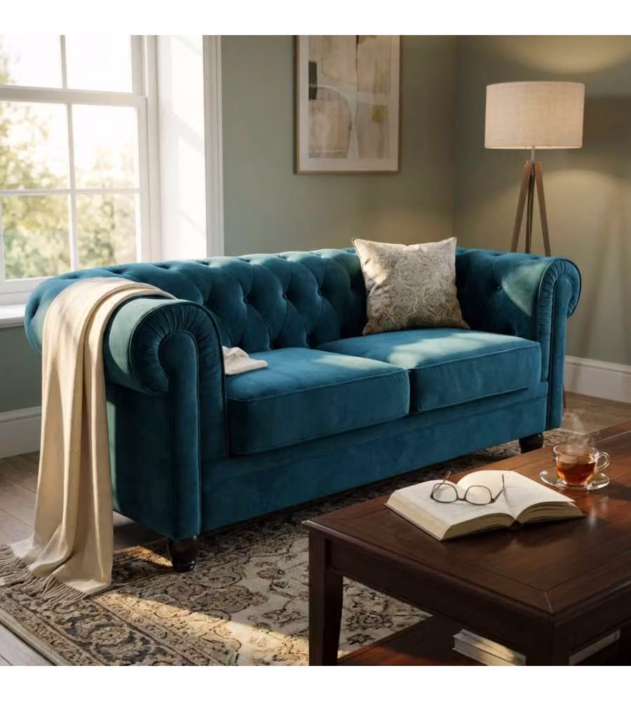 Divano Chesterfield Cosma a 3 posti in velluto blu L: 197 cm, P: 74 cm, H: 82 cm – 1