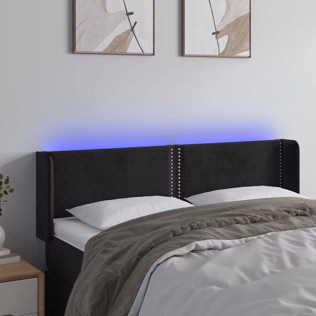 Testiera per letto vidaXL in velluto nero con illuminazione LED integrata e porta di ricarica USB, L 147 cm x P 16 cm x H 78/88 cm