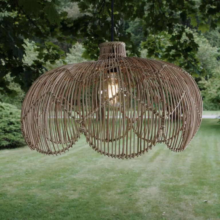PR Home Lampada a sospensione da esterno Belle, rattan naturale, Ø 53 cm, spina IP44 Belle, Legno chiaro, Legno