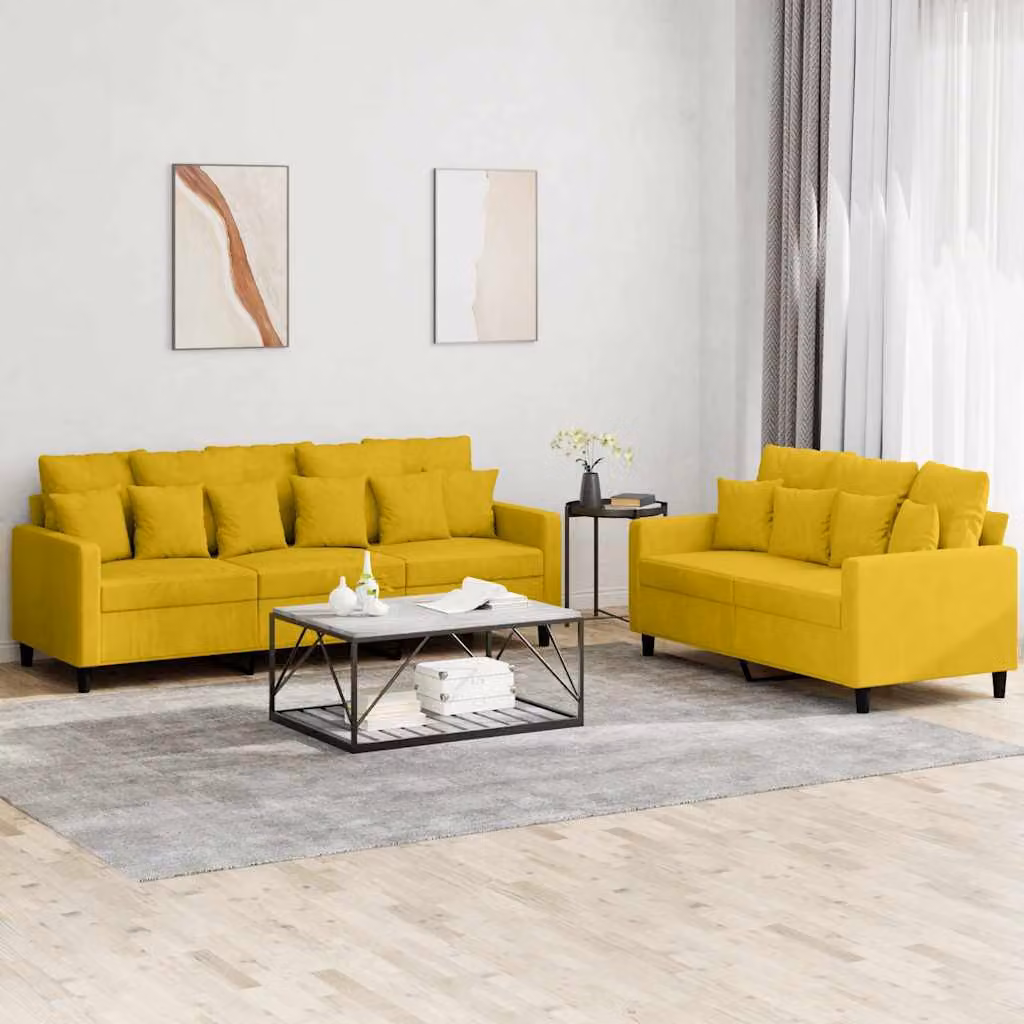 Set di divani vidaXL da 2 pezzi in velluto giallo con cuscini, composto da un divano a 2 posti e uno a 3 posti per il tuo soggiorno – 1