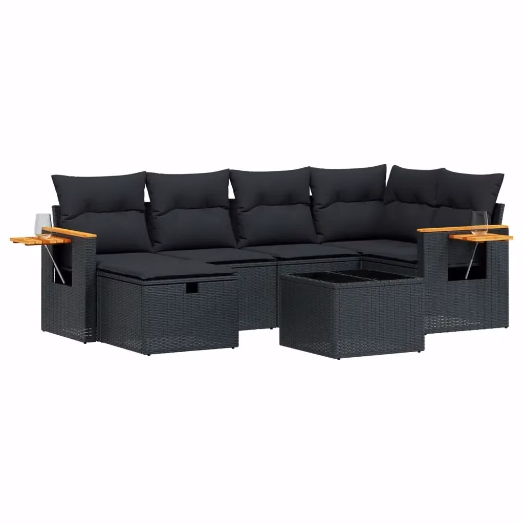 vidaXL Set Divani da Giardino a L con Cuscini 7pz Nero con Tavolino e Ottoman in Polyrattan e Acciaio – 2