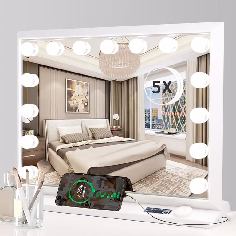 ZELURXX Specchio, con illuminazione, porta di ricarica di tipo C e USB, con display e 15 luci dimmer, 3 modalità di illuminazione LED, specchio per il trucco, bianco, 58 x 48 cm