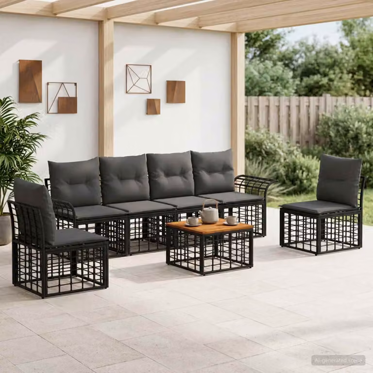 Set di divani da esterno vidaXL 7 pz con cuscini, Nero e Grigio