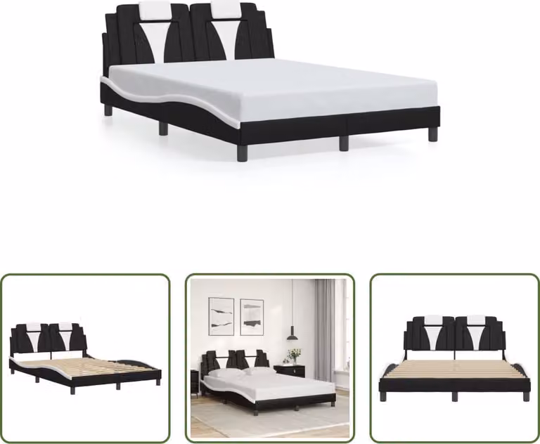 The Living Store Struttura letto con testiera bianca e nera 140x200 cm in ecopelle
