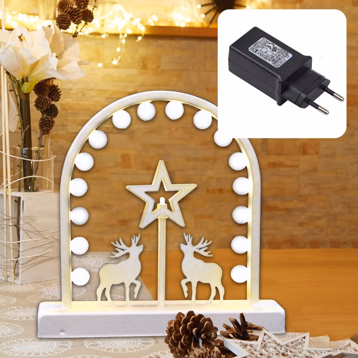 Lampada decorativa a LED a forma di stella e renna, dimensioni 26x26 cm, con 17 LED bianco caldo, realizzata in metallo