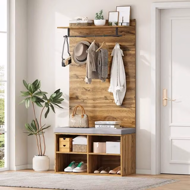 Guardaroba da ingresso REDOM con panca e appendiabiti, colore marrone, L: 84 cm, P: 35 cm, H: 175 cm