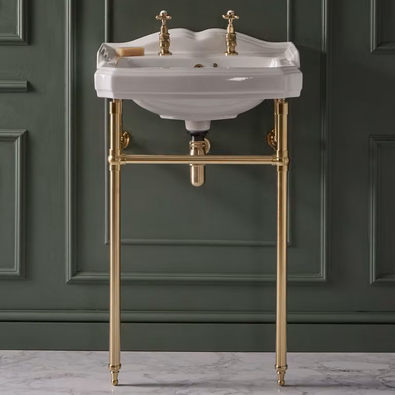 Lavabo Tradizionale da 590mm con 2 Fori per Rubinetteria e Consolle in Oro Satinato - Regent