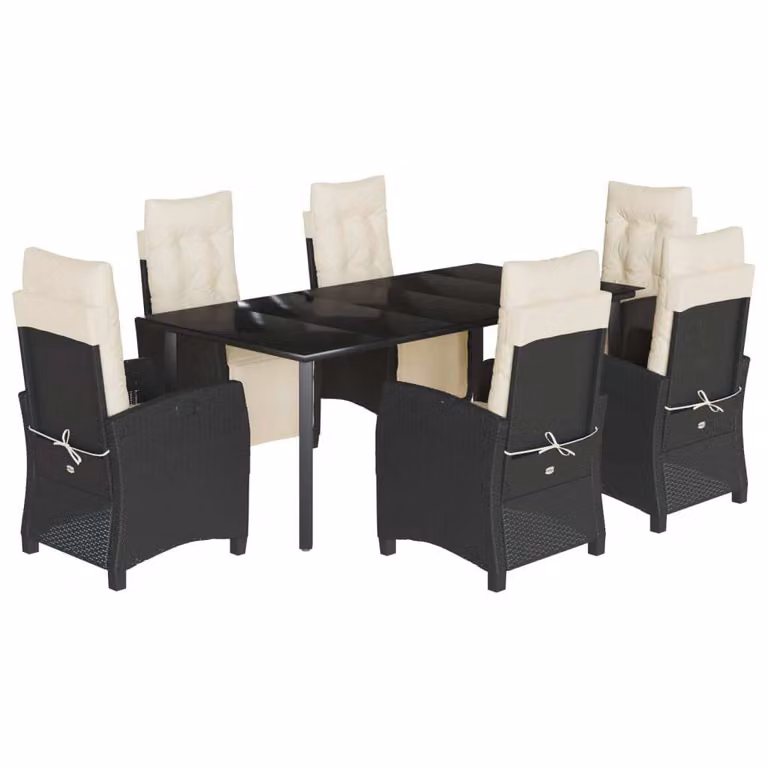 Set da Pranzo da Giardino 7 pz Nero con Cuscini in Polyrattan