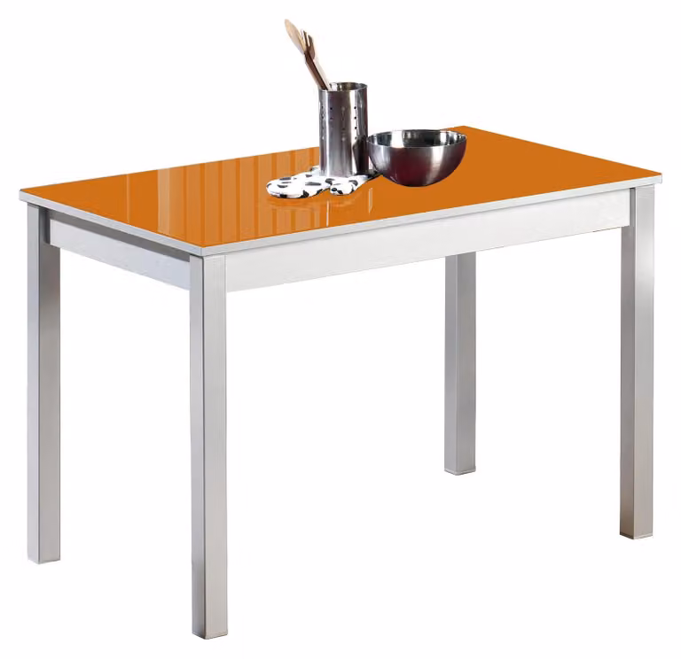 Tavolo da pranzo con piano in vetro arancione, struttura in metallo, dimensioni 90 x 50 cm