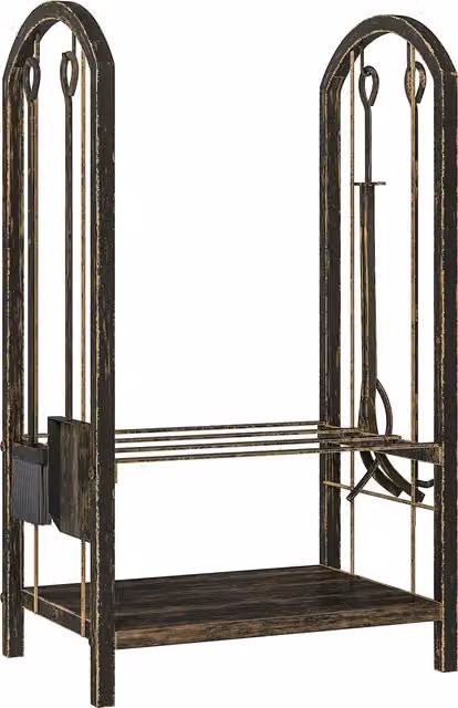 Scaffale per camino Outsunny a 2 livelli con 4 attrezzi e ganci, Marrone, L: 43 cm, P: 30 cm, H: 74 cm – 1
