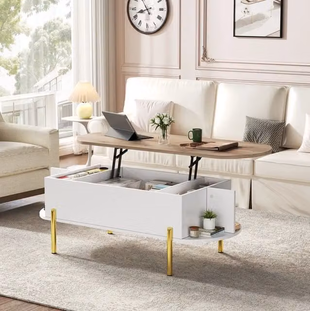 Tavolino da soggiorno MODFU con meccanismo sollevabile in MDF bianco e dettagli oro, L/P/H: 120 x 50 x 43 cm