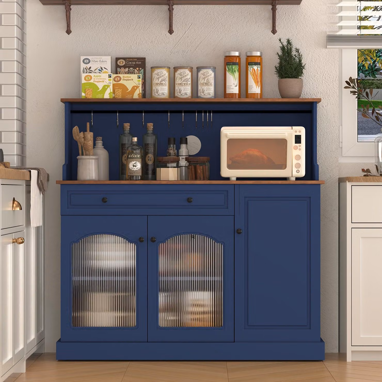 Mobiletto a microonde su ruote – Scaffale a 3 ripiani con 3 ante in legno – Mobile da cucina in stile vintage