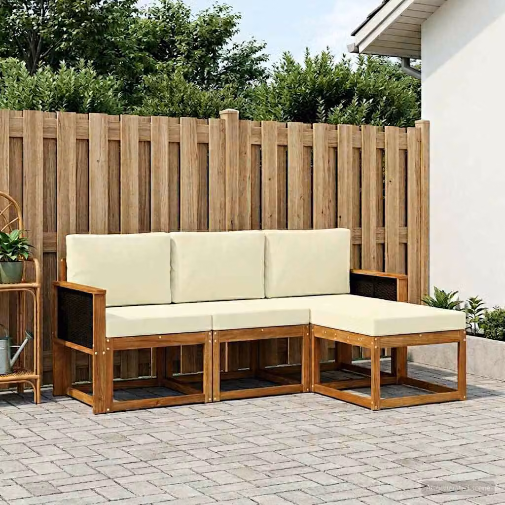 Set di divani da esterno vidaXL a forma di L con pouf, struttura in legno di acacia e cuscini inclusi, colori beige, bianco e marrone