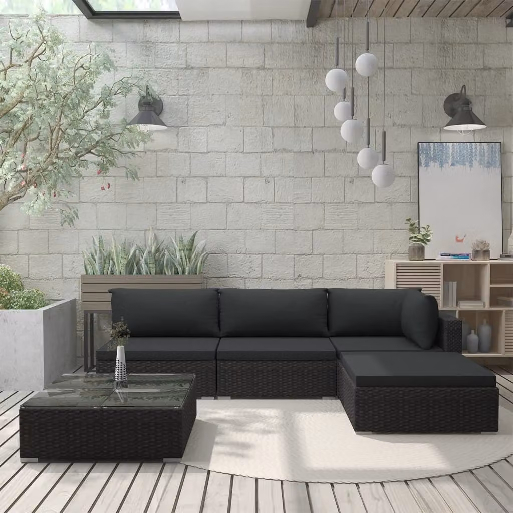The Living Store Set da giardino 5 pezzi con cuscini in poly rattan nero