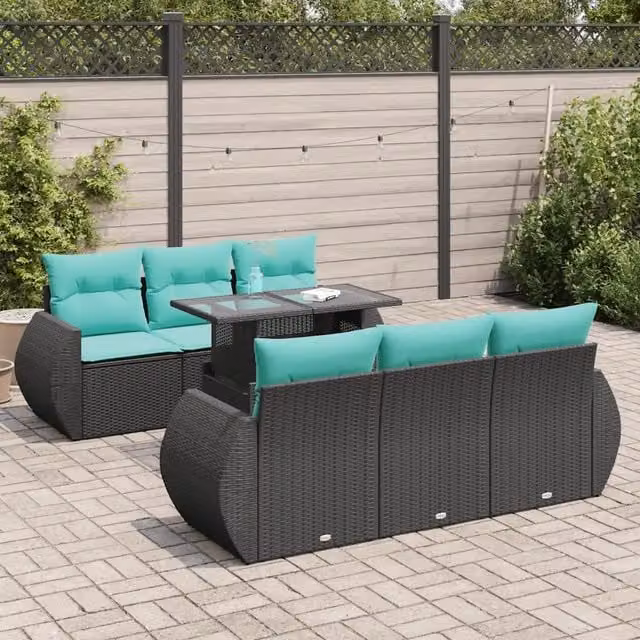 Set Divani da Giardino con Cuscini 7pz Nero Polyrattan Acacia 3326578