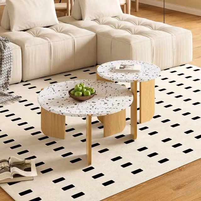 Set di 2 tavolini da caffè MINIMAL per soggiorno in stile moderno con piano rotondo in MDF laminato opaco, colori bianco e marrone